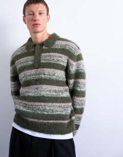 Model wearing Relaxed fit stripe knitted polo in khaki