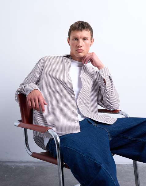 Topman relaxed fit stripe shirt in brown - view 1