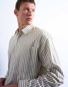 Model wearing Relaxed fit stripe shirt in dusty green