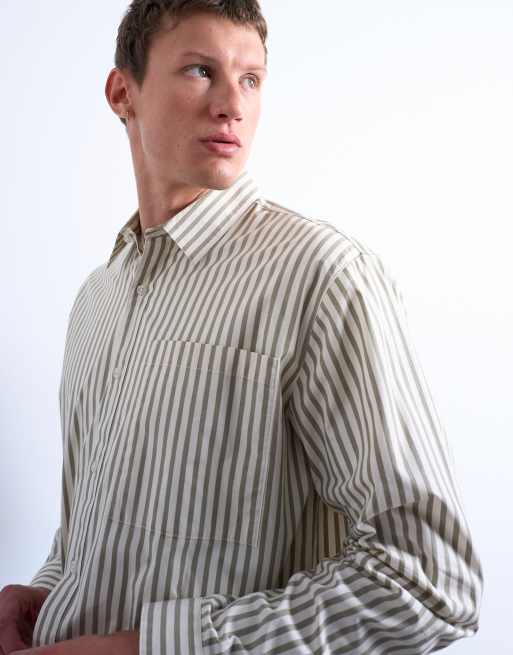 Topman relaxed fit stripe shirt in dusty green, 4 of 5