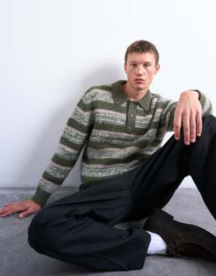 Topman Relaxed Fit Striped Knit Polo Shirt In Green