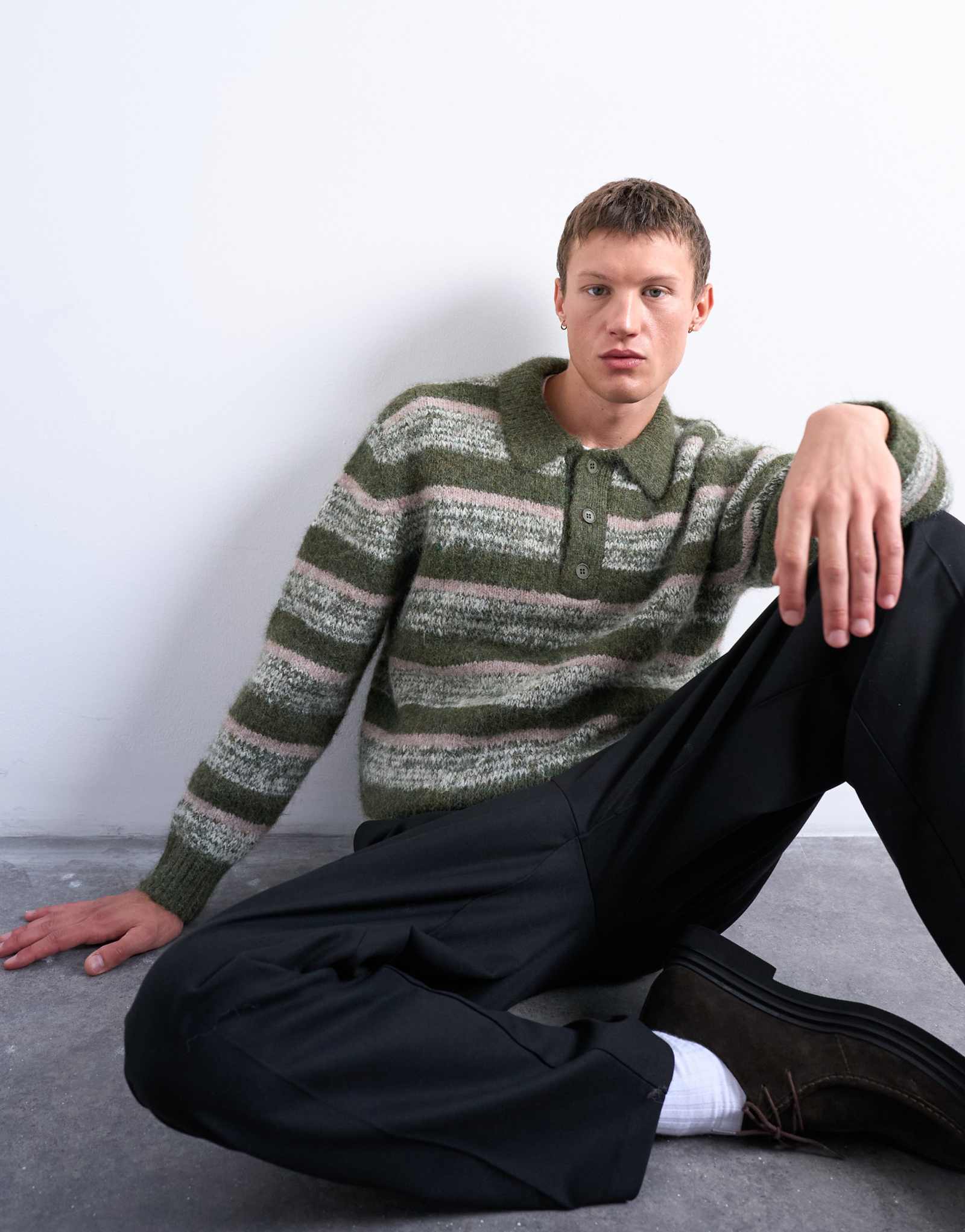 Трикотажная рубашка поло свободного кроя Topman в полоску зеленого цвета хаки