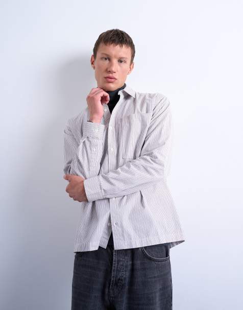 Topman relaxed fit striped shirt in tonal ecru & brown - view 1