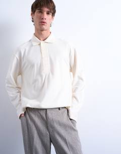 Relaxed fit structured stitch long sleeve polo in ecru 