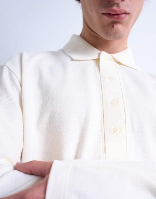 Topman relaxed fit structured stitch long sleeve polo in ecru , 4 of 5