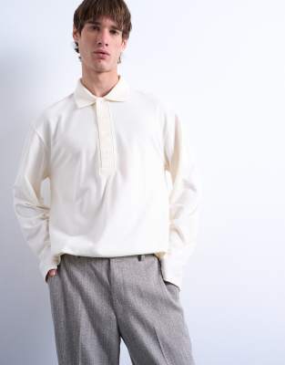 Topman Relaxed Fit Structured Stitch Long Sleeve Polo Shirt In White