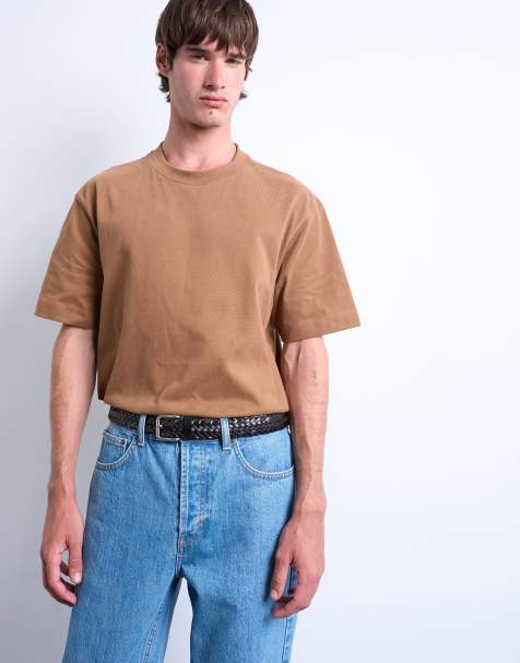 Topman relaxed fit suede touch t-shirt in camel - view 1