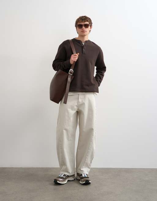 Topman – Relaxed-Fit-Sweatshirt in Braun mit Henley-Ausschnitt, 2 von 5