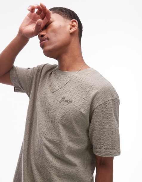 Topman – Relaxed-Fit-T-Shirt aus Seersucker in Khaki mit „Promises“-Stickerei - view 1