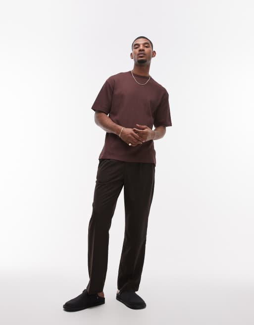Topman – Relaxed-Fit-T-Shirt in Braun mit strukturiertem Streifenmuster, 2 von 4
