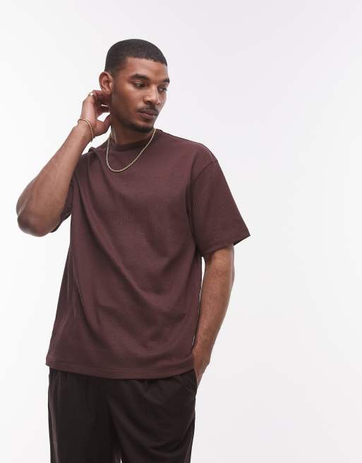 Topman – Relaxed-Fit-T-Shirt in Braun mit strukturiertem Streifenmuster, 3 von 4