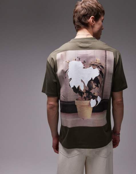 Topman – Relaxed-Fit-T-Shirt in Khaki mit Pflanzen-Collagen-Print auf Vorder- und Rückseite - view 1