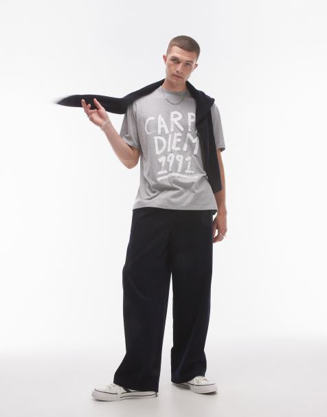 Topman – Relaxed-Fit-T-Shirt in meliertem Grau mit „Carpe Diem“-Print - view 1