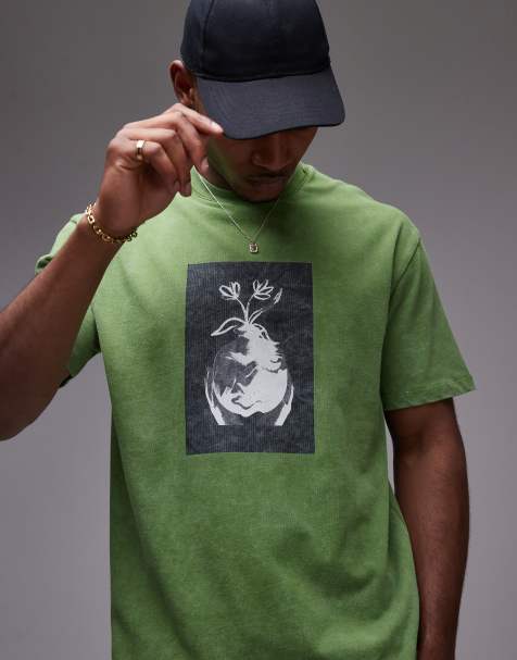 Topman – Relaxed-Fit-T-Shirt in verwaschenem Grün mit Blumentopf-Gesicht-Aufdruck - view 1