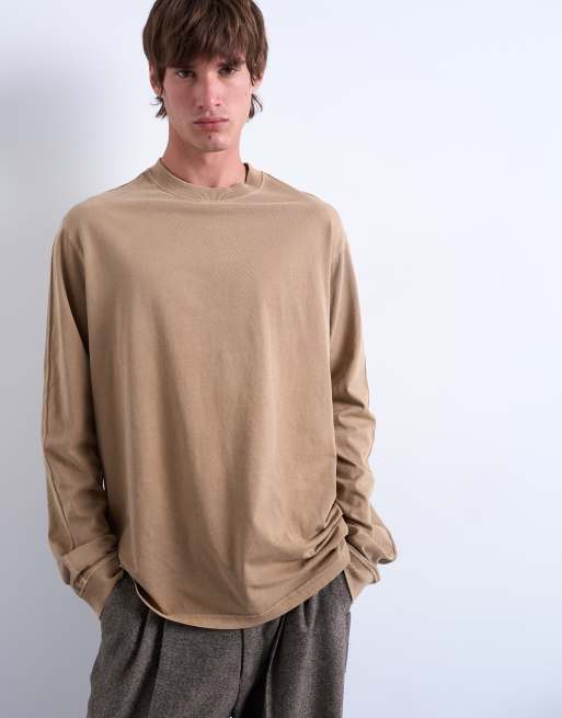 Topman – Relaxed-Fit-T-Shirt in verwaschenem Steinbeige mit langen Raglanärmeln, 4 von 5