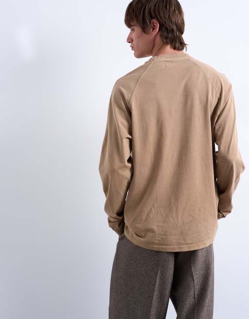 Topman – Relaxed-Fit-T-Shirt in verwaschenem Steinbeige mit langen Raglanärmeln, 5 von 5
