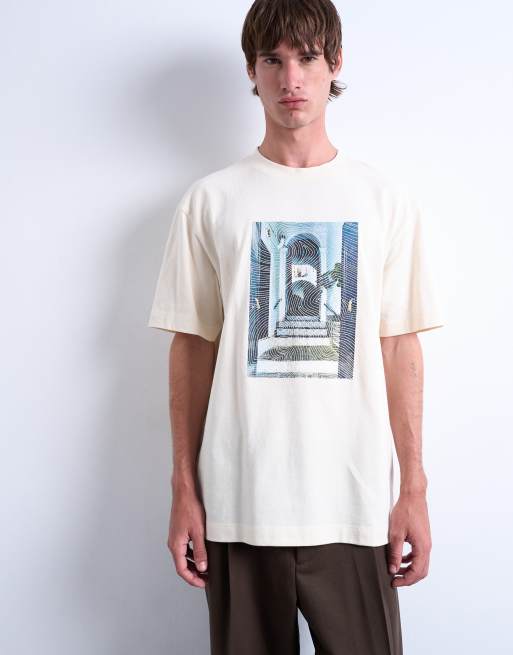 Topman relaxed fit t-shirt with doorway image print and embroidery in ecru, 3 of 5