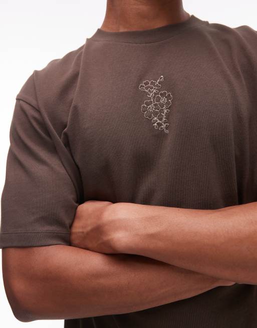 Topman relaxed fit t-shirt with floral embroidery in brown, 3 of 4