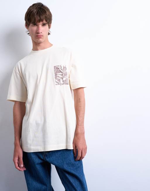 Topman relaxed fit t-shirt with floral line drawing embroidery in ecru, 3 of 5