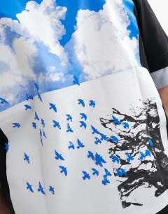 Model wearing Relaxed fit t-shirt with front and back bird print in black