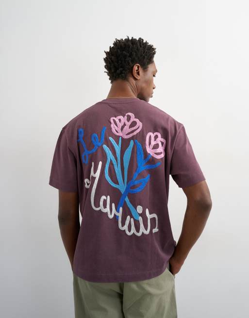 Topman relaxed fit t-shirt with front and back floral embroidery in purple, 2 of 5