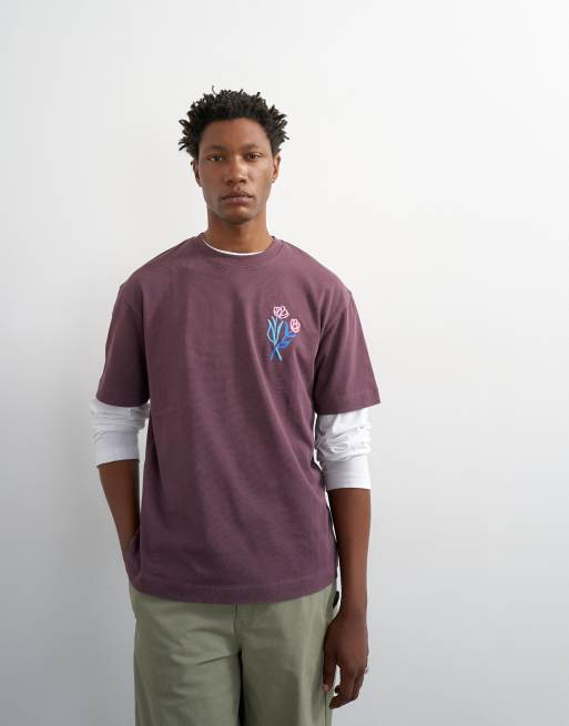 Topman relaxed fit t-shirt with front and back floral embroidery in purple, 5 of 5