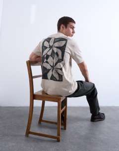 Relaxed fit t-shirt with front and back floral print in stone 