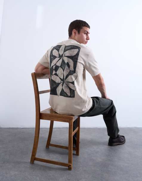 Topman relaxed fit t-shirt with front and back floral prints in stone - view 1