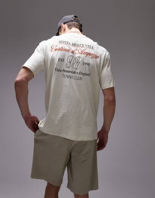 Topman Topman relaxed fit t-shirt with front and back hotel dolce vita print in ecru-White