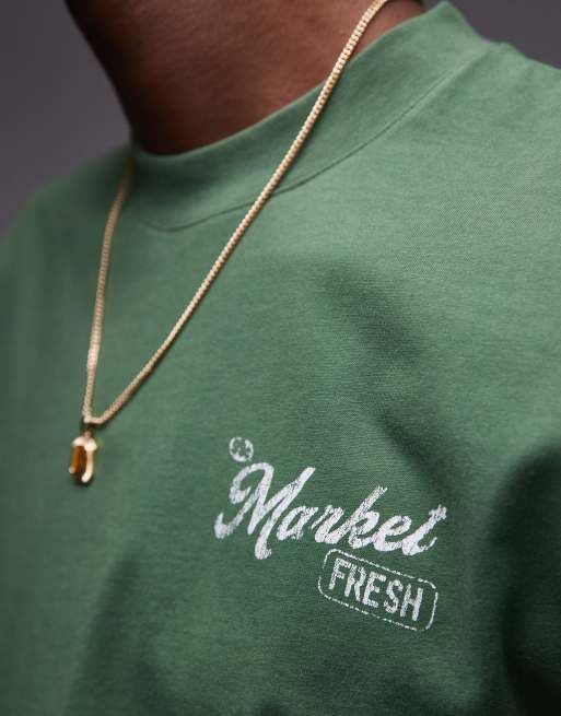 Topman relaxed fit t-shirt with front and back market print in washed green, 2 of 4