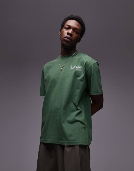 Topman relaxed fit t-shirt with front and back market print in washed green, 4 of 4