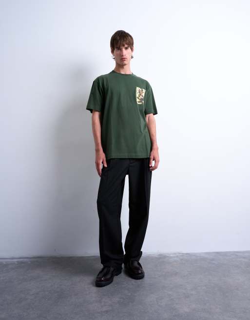 Topman relaxed fit t-shirt with front and back watercolour shapes print in dark green, 3 of 5