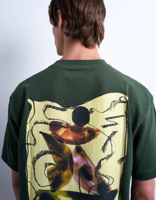 Topman relaxed fit t-shirt with front and back watercolour shapes print in dark green, 4 of 5