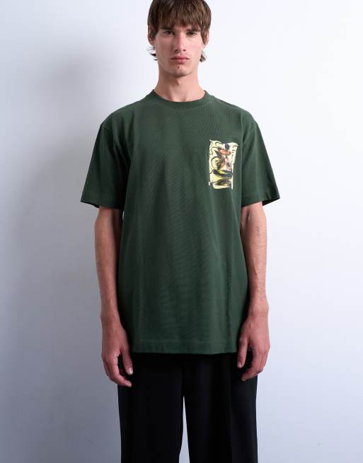 Topman relaxed fit t-shirt with front and back watercolour shapes print in dark green, 5 of 5