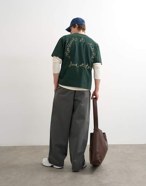 Topman relaxed fit t-shirt with monsieur front and back embroidery in dark green - view 1