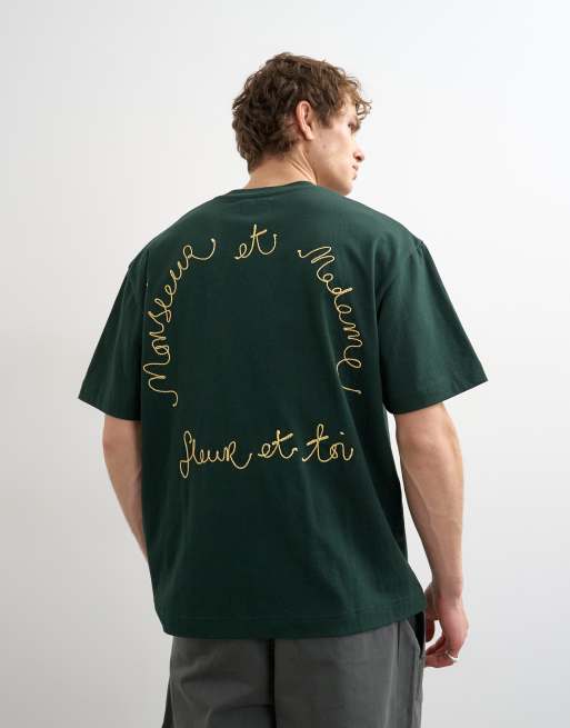 Topman relaxed fit t-shirt with monsieur front and back embroidery in dark green, 4 of 5