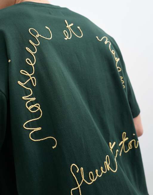 Topman relaxed fit t-shirt with monsieur front and back embroidery in dark green, 5 of 5