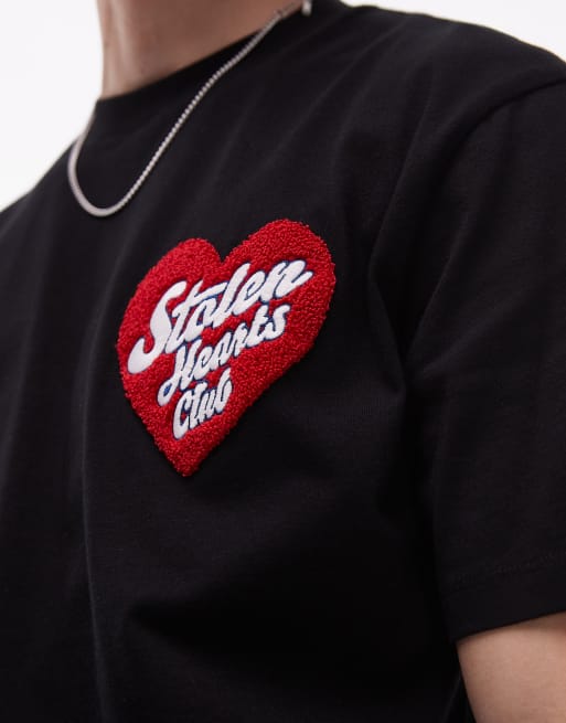 Topman relaxed fit t-shirt with stolen hearts club patch embroidery in black, 4 of 4
