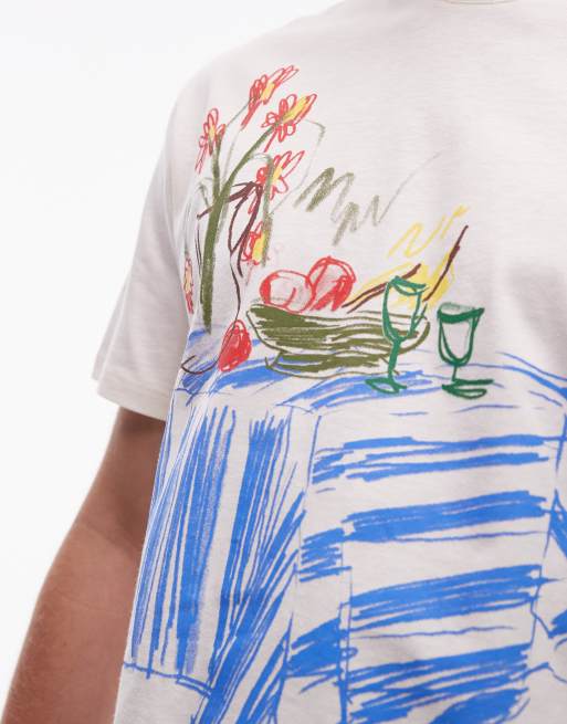 Topman relaxed fit t-shirt with table scene drawing print in ecru, 4 of 4