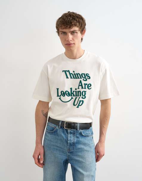 Topman relaxed fit t-shirt with 'Things are looking up' embroidery in ecru - view 1