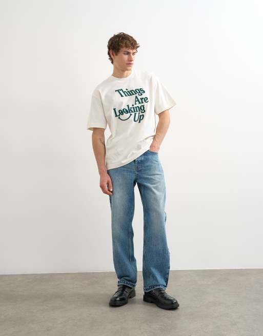 Topman relaxed fit t-shirt with 'Things are looking up' embroidery in ecru, 2 of 5