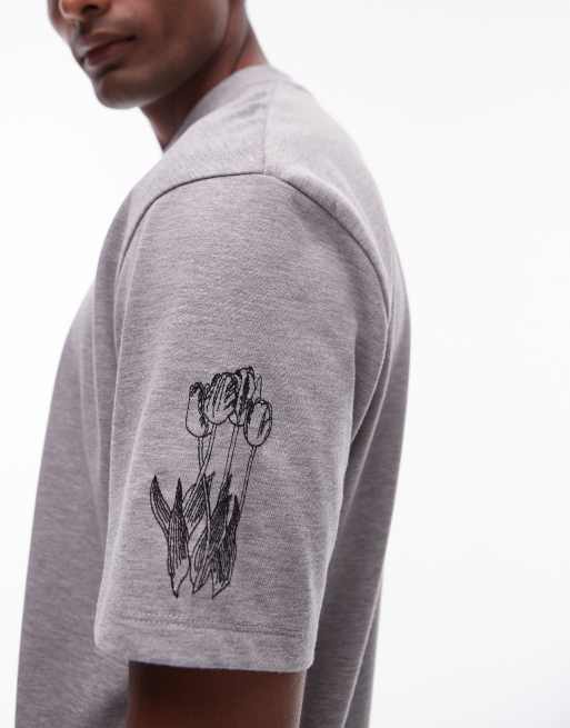 Topman relaxed fit t-shirt with tulip embroidery in heather gray, 2 of 4