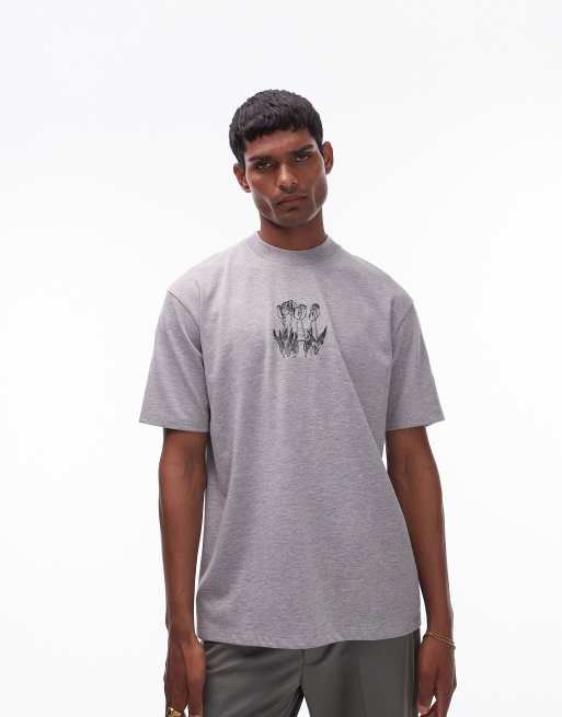 Topman relaxed fit t-shirt with tulip embroidery in heather gray, 3 of 4