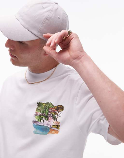 Topman relaxed fit t-shirt with watercolour riviera front and back print in white, 2 of 5