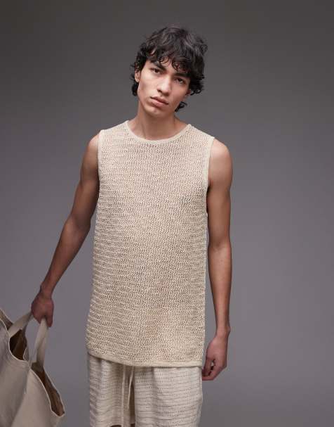 Topman – Relaxed-Fit-Tanktop aus strukturiertem Strick in Steinbeige - view 1