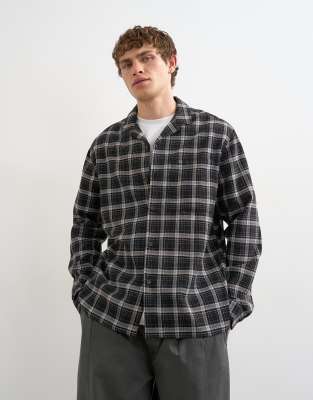 Topman relaxed fit textured check revere shirt in black