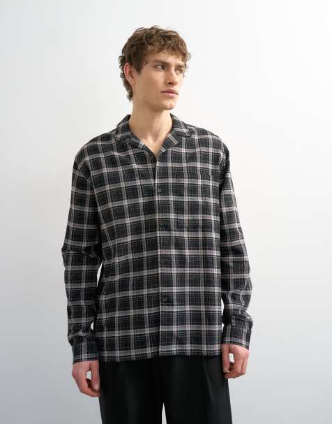 Topman relaxed fit textured check revere shirt in black - view 1
