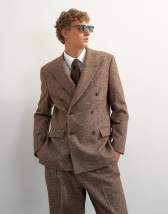 Topman relaxed fit textured double breasted blazer in brown