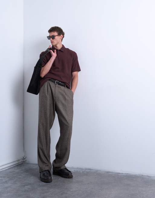 Topman relaxed fit textured interlock polo in brown, 2 of 5