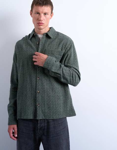 Topman relaxed fit textured shirt in heathered green - view 1
